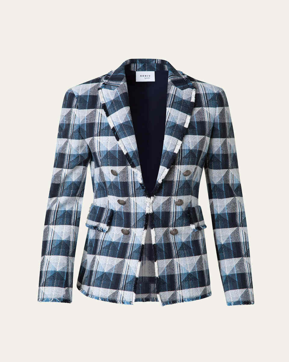 Rhombus Jacquard Denim Blazer with Double Breast Illusion